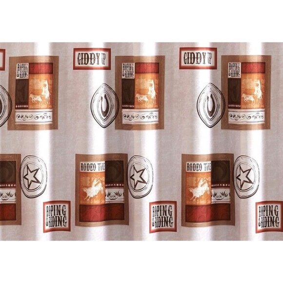 Rodeo Time Shower Curtain Cowboy Riding Boots Horse Country Stars Brown Western - Picture 2 of 3